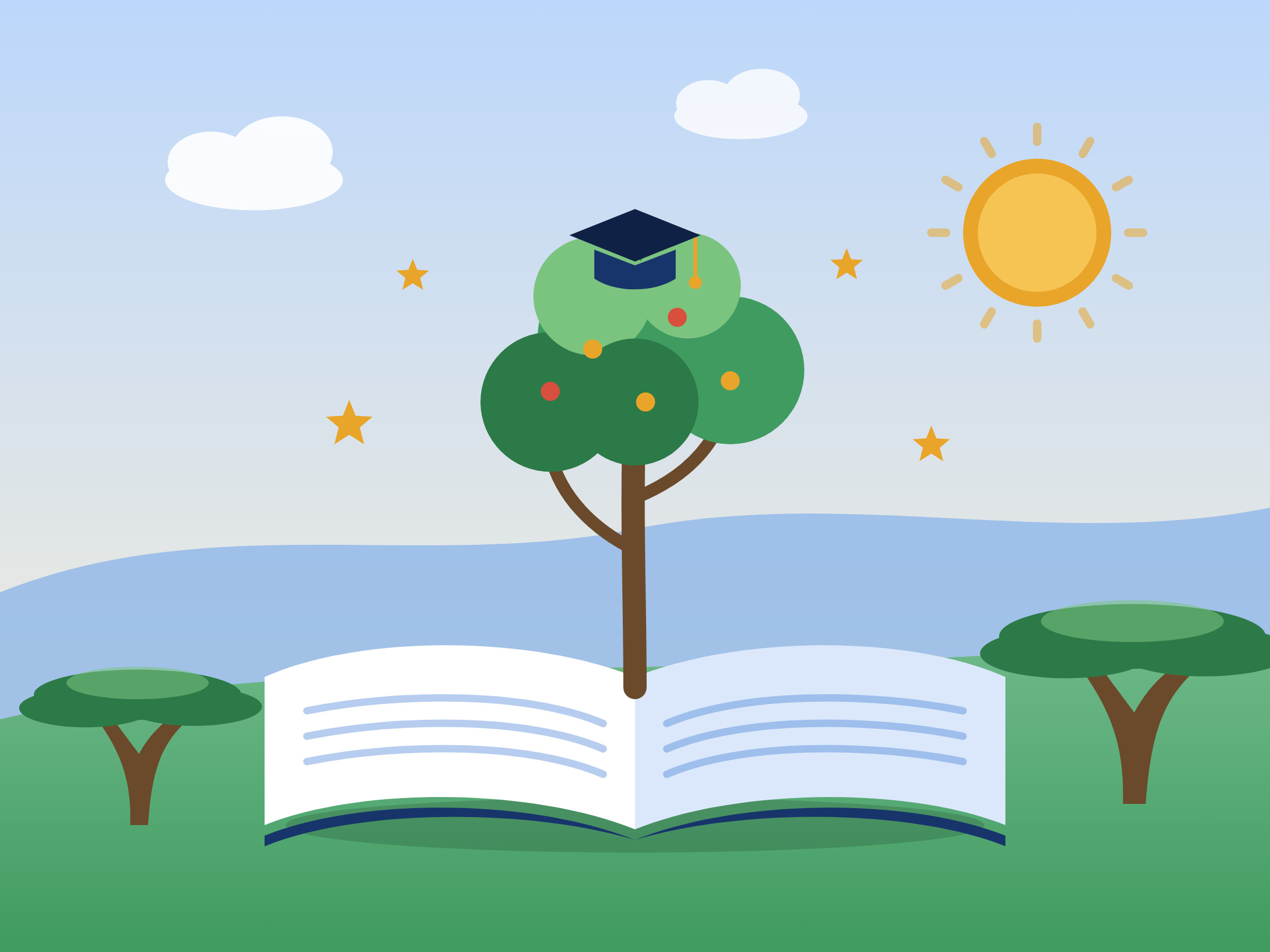 An illustration of a tree growing out of an open book, topped with a graduation cap