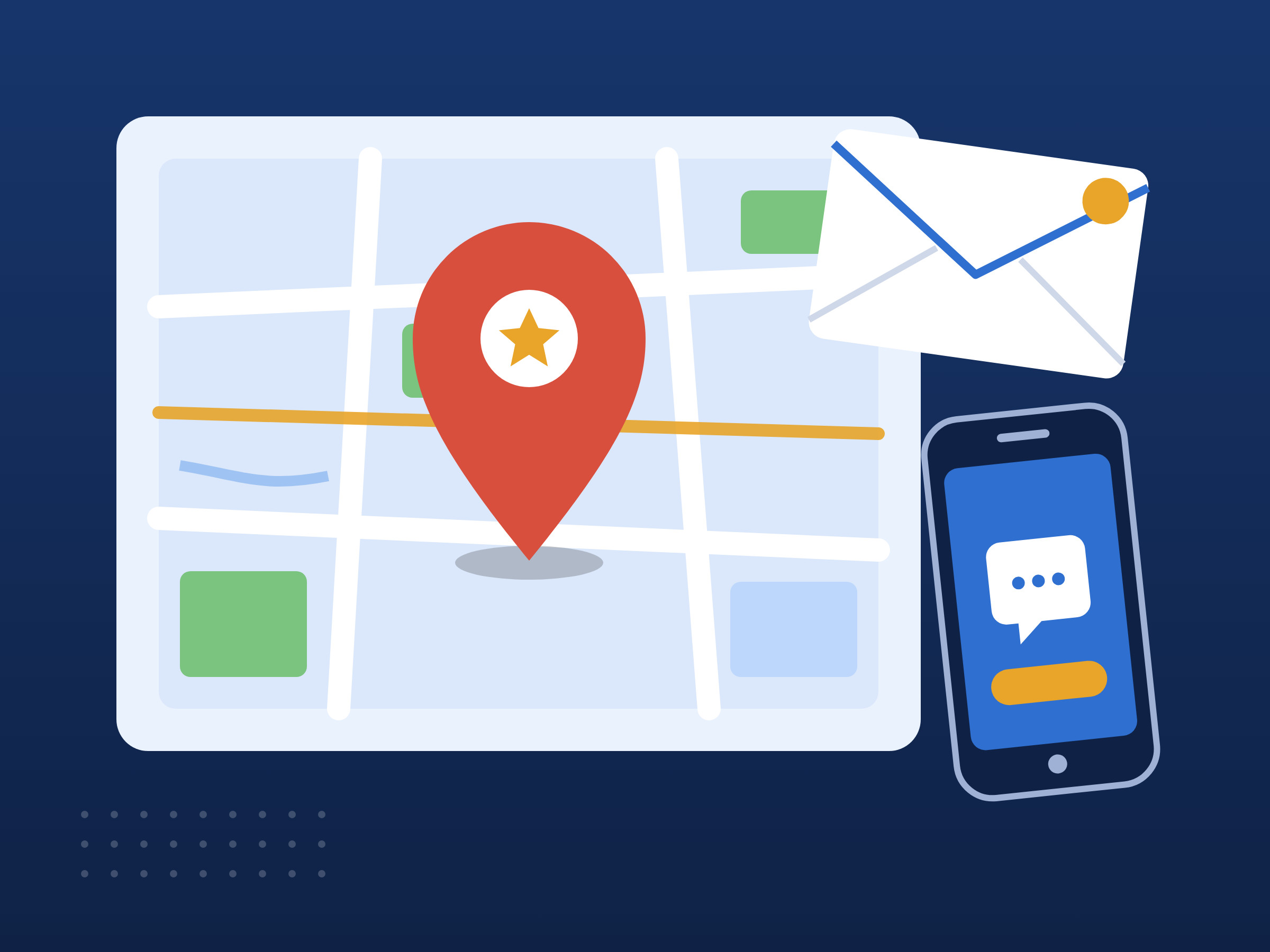 An illustration of a map with a location pin, an envelope and a phone