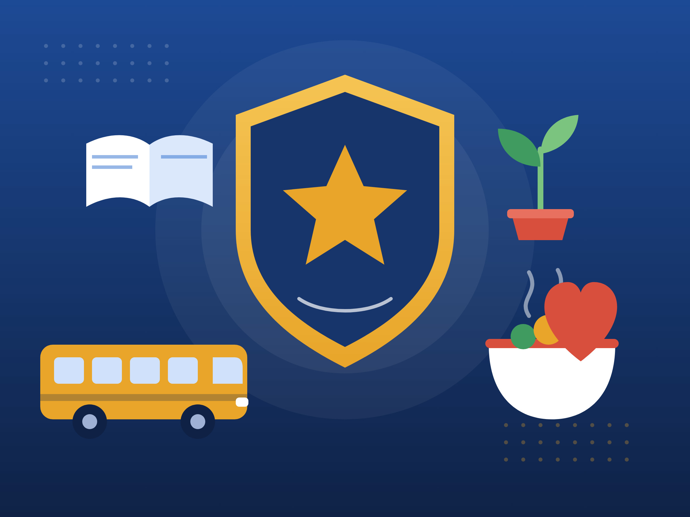 An illustration of a shield with a star, a school bus, a bowl of food and a young plant, showing values, meals and safe transport